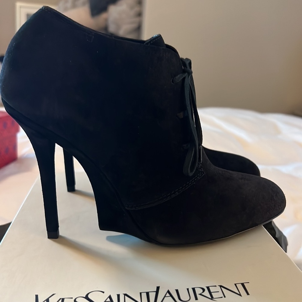 NEW SAINT LAURENT FATALE 105 black Leather Suede Lace Up Ankle Bootie EU 39.5